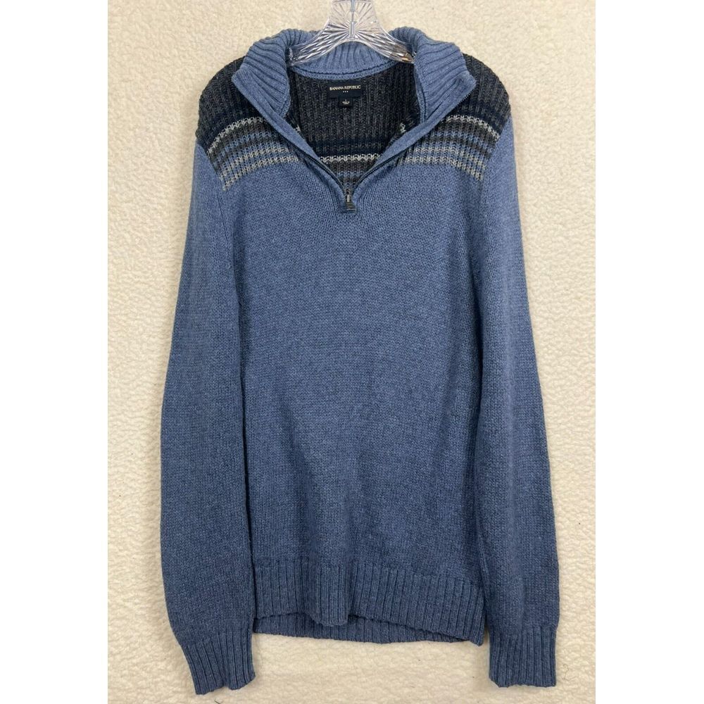 Banana Republic Sweater Mens Large‎ 1/4 Zip Blue Wool Cotton Blend Striped